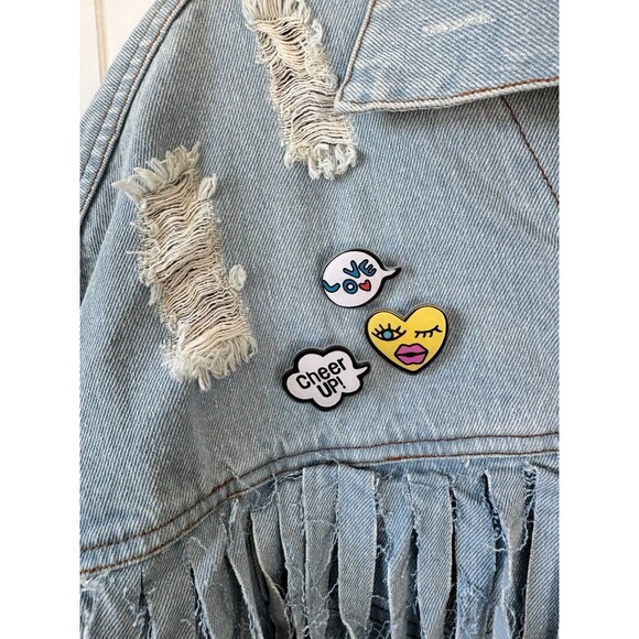 POL Denim jacket with fringe and distressed details SZ S - Picture 6 of 14